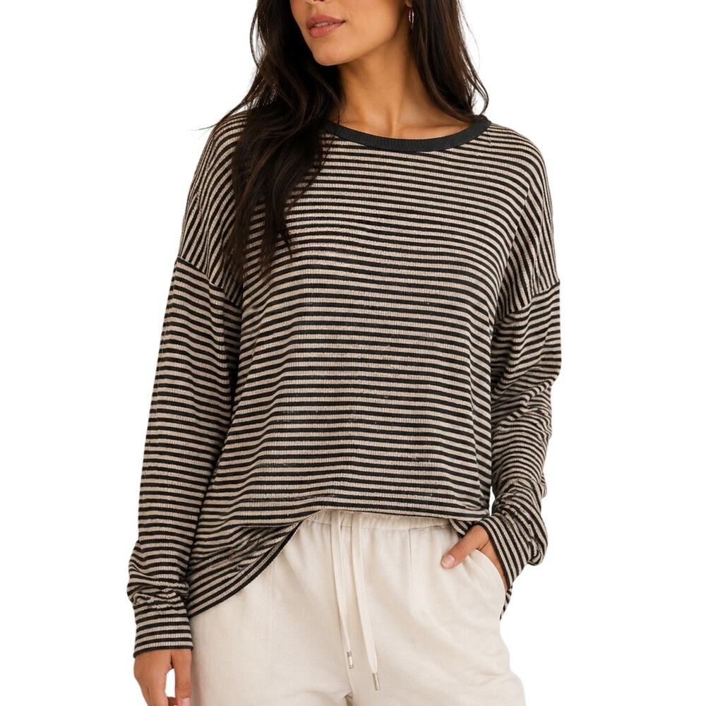 Pink Lily Oversized Striped Knit Top Womens M Black Tan Neutral Long Sleeve